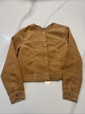 H&M Brown Tan Girls faux suede Jacket with Gold Buttons, like new, size 8-9